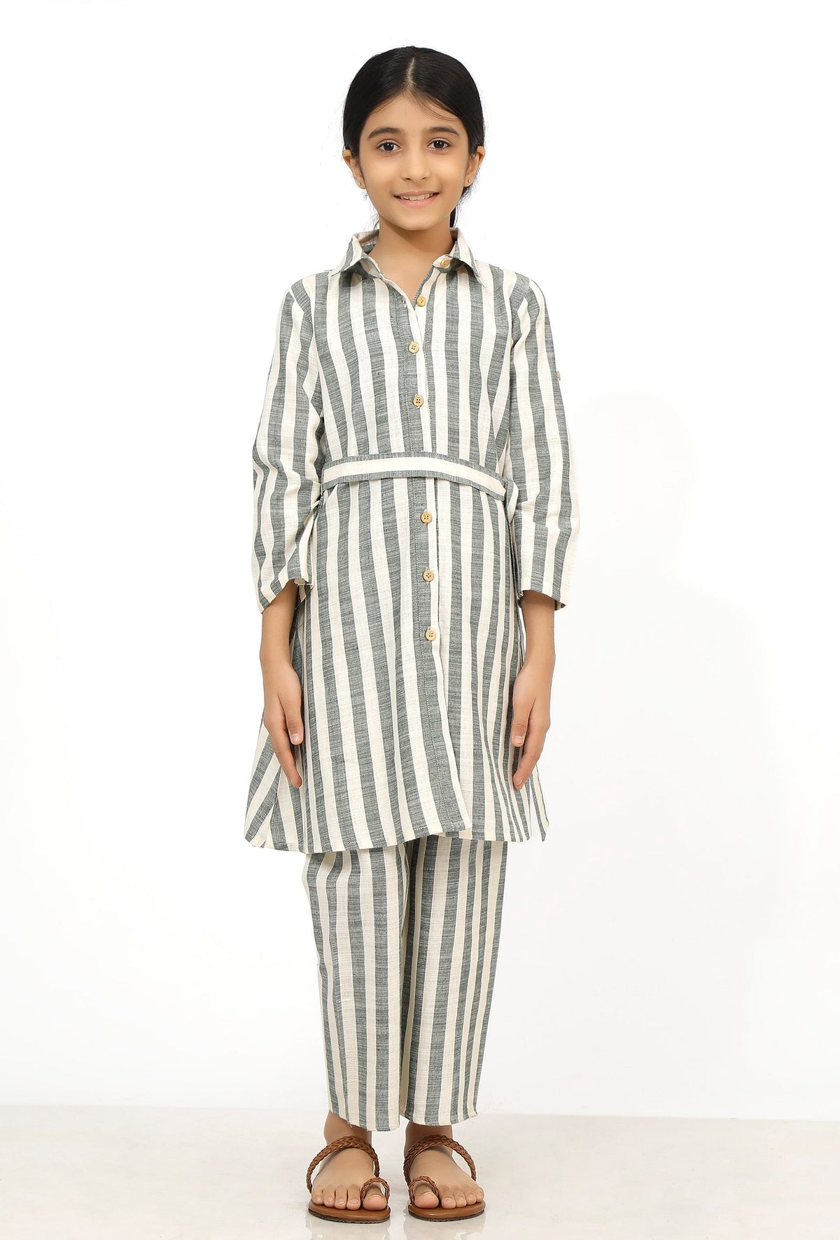 Set of 2: Irish Grey and White Stripes Cotton Belted Kurti with Pants サイズ 5〜6歳