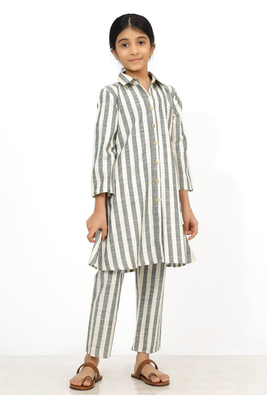 Set of 2: Irish Grey and White Stripes Cotton Belted Kurti with Pants サイズ 5〜6歳