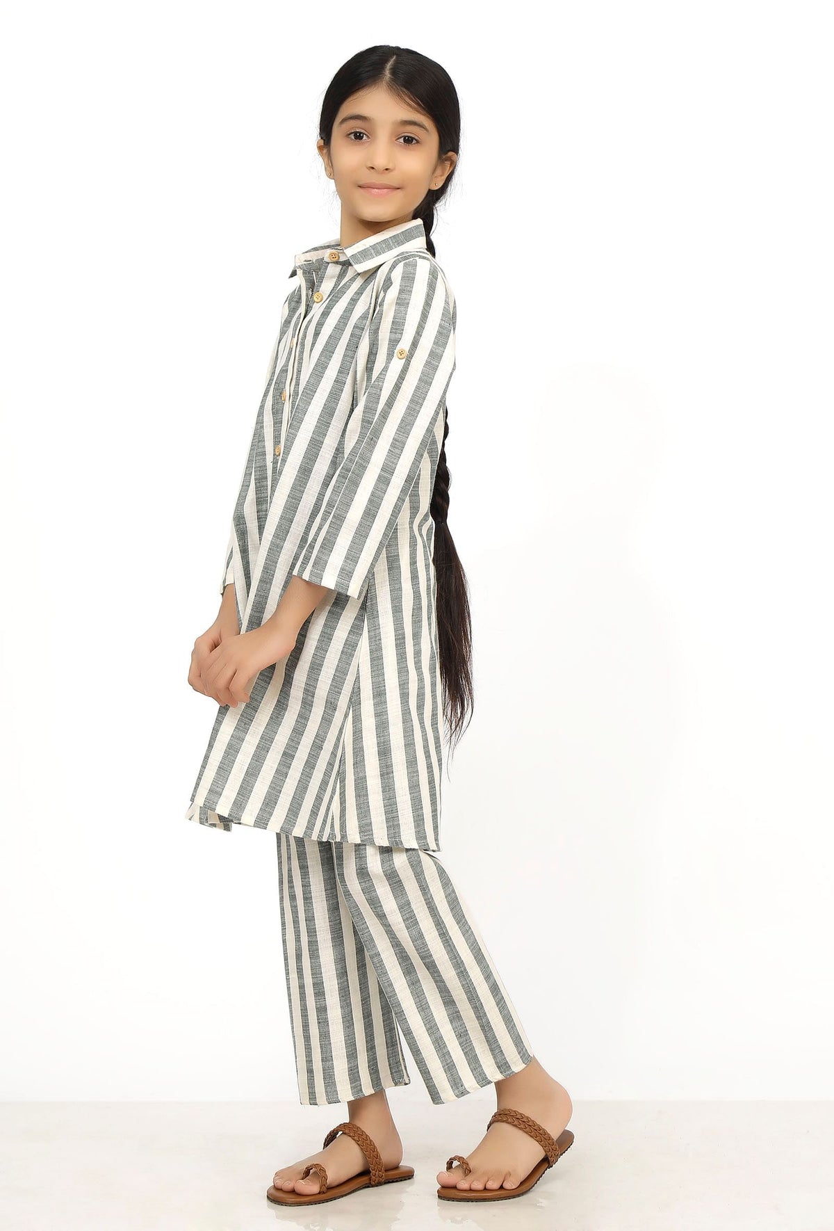 Set of 2: Irish Grey and White Stripes Cotton Belted Kurti with Pants サイズ 5〜6歳