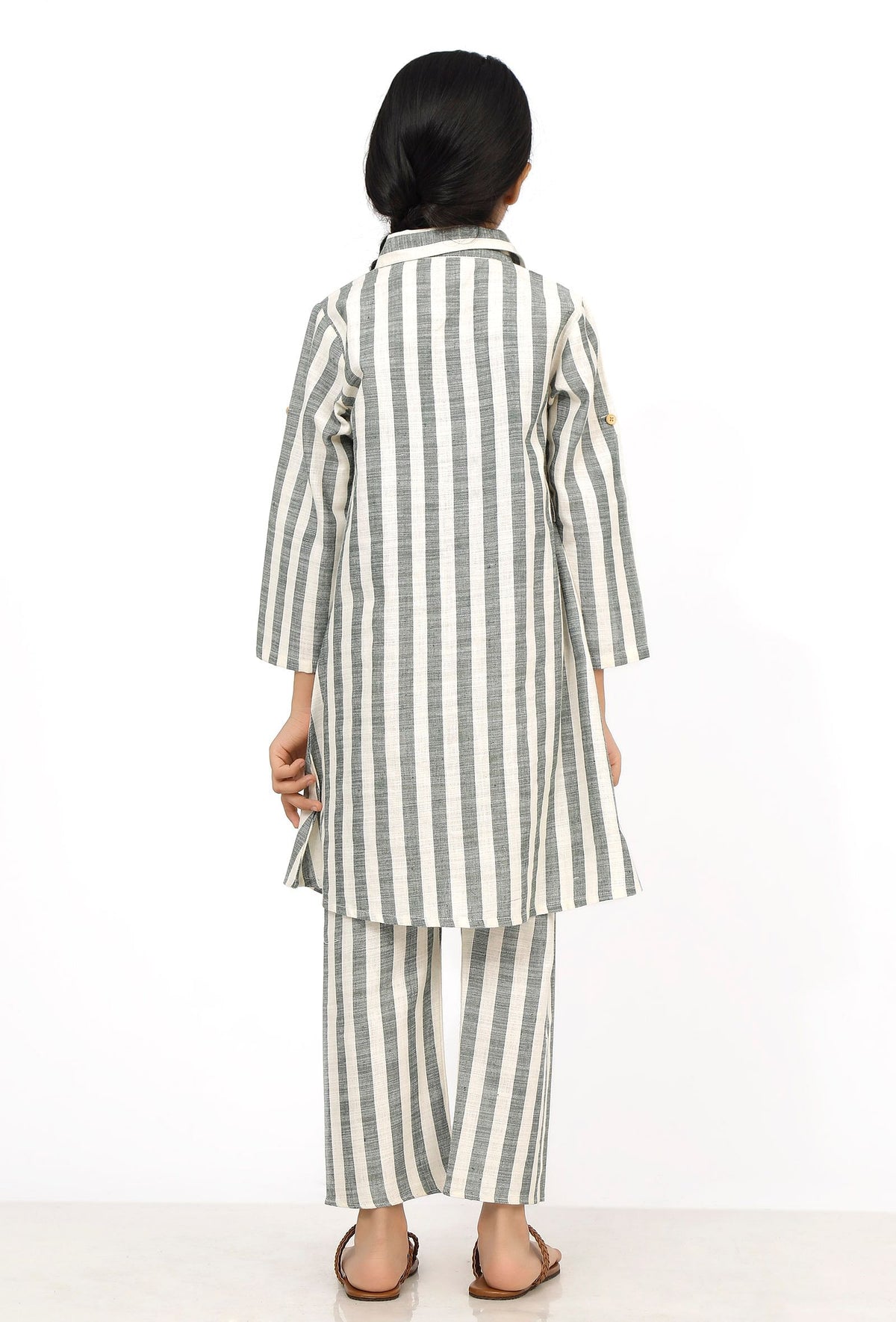 Set of 2: Irish Grey and White Stripes Cotton Belted Kurti with Pants サイズ 11〜12歳