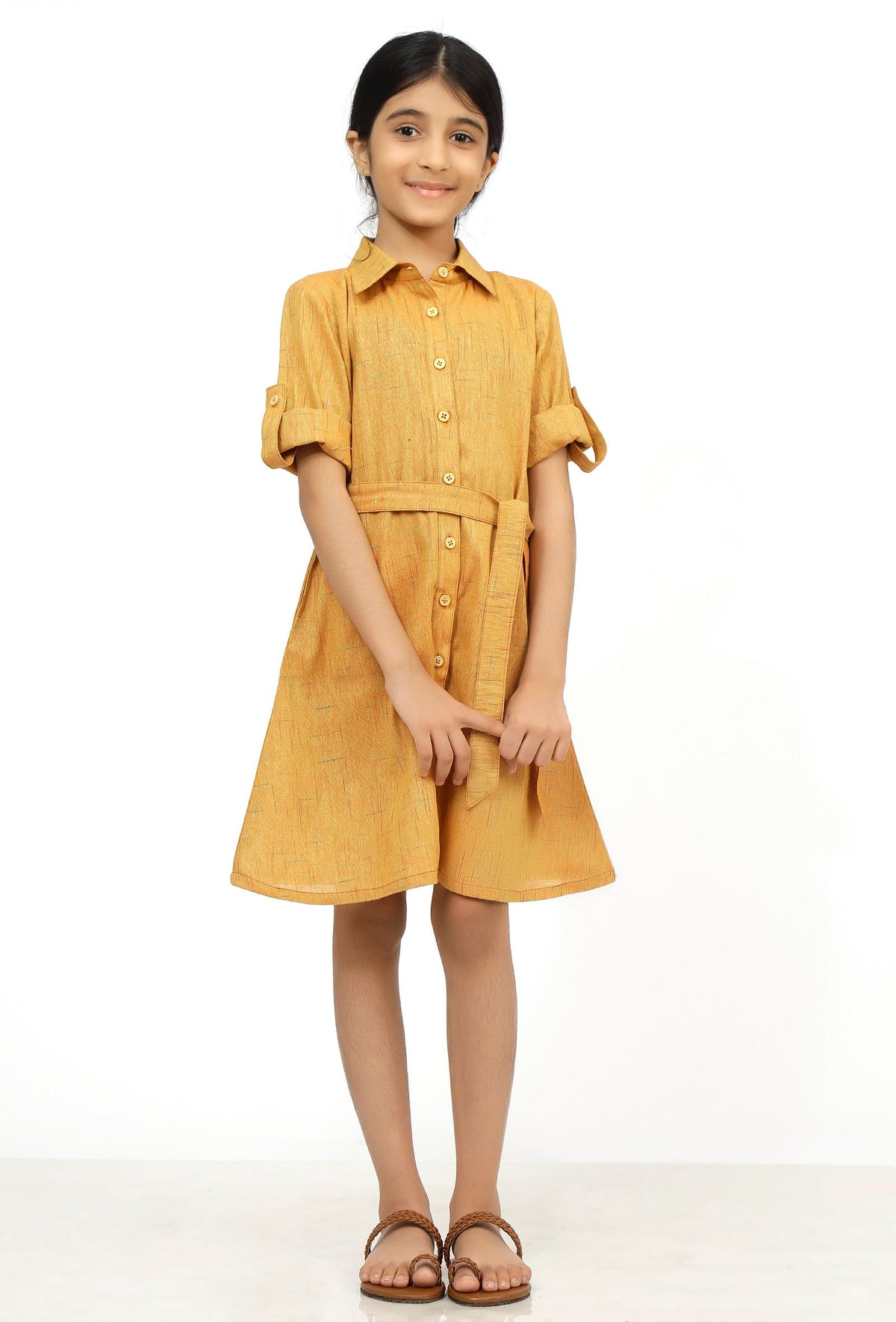 Rustic Melange Cotton Tunic Dress With Waist Belt サイズ 5〜6歳