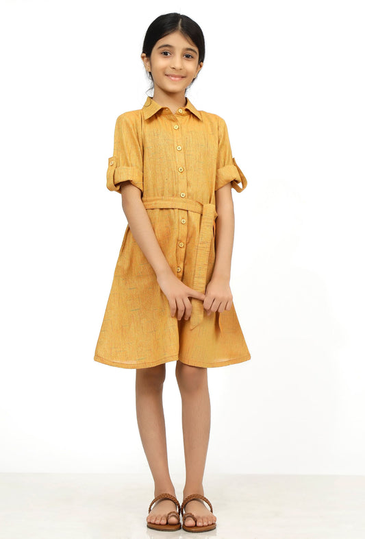 Rustic Melange Cotton Tunic Dress With Waist Belt サイズ 5〜6歳
