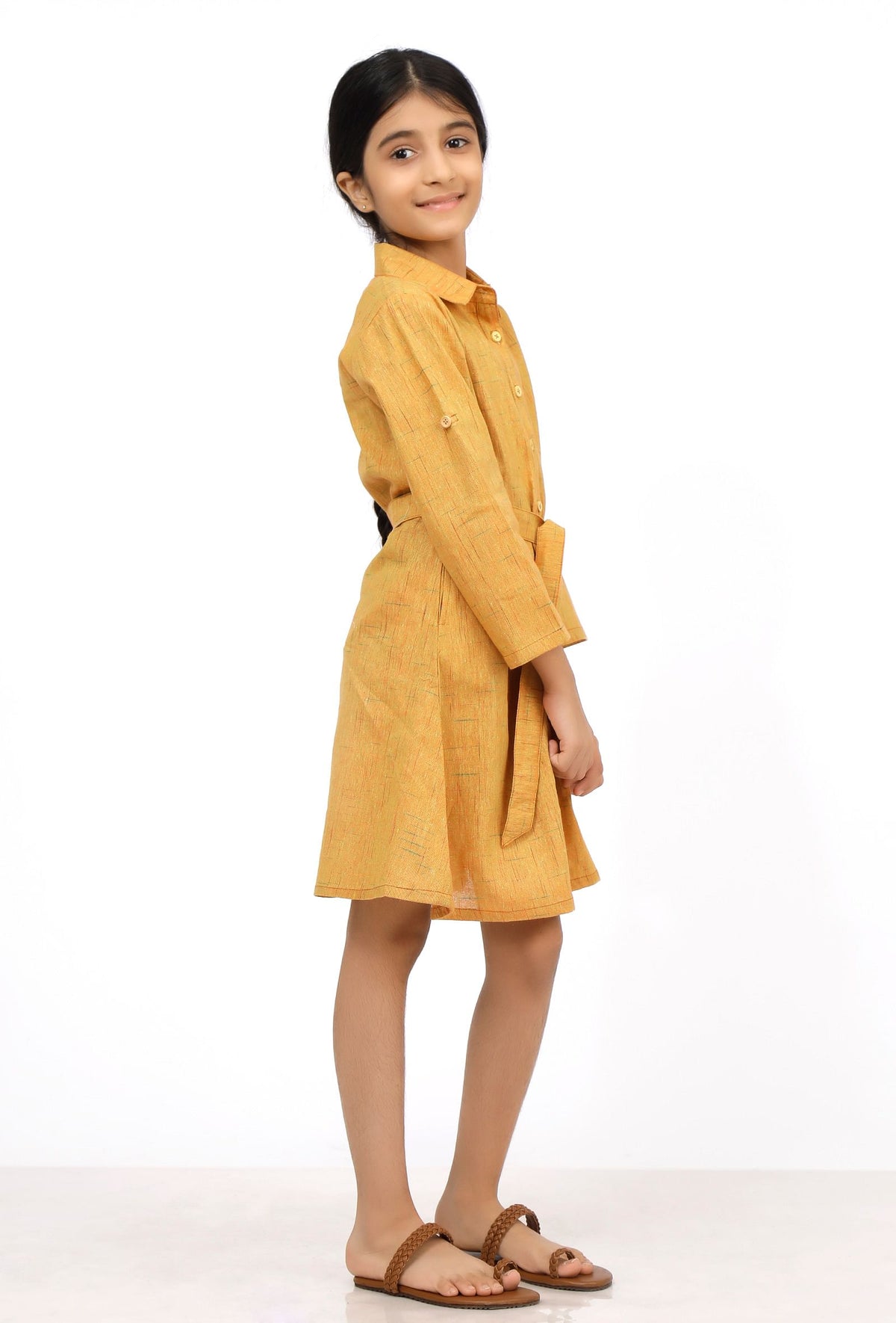 Rustic Melange Cotton Tunic Dress With Waist Belt サイズ 5〜6歳