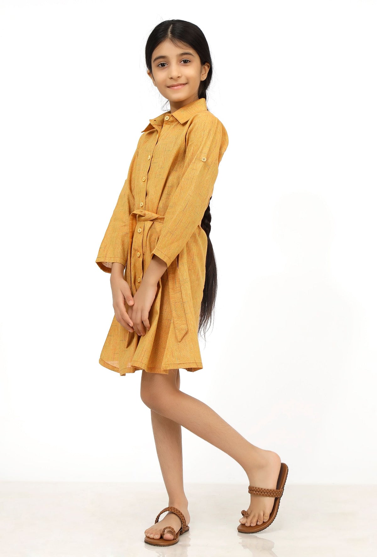 Rustic Melange Cotton Tunic Dress With Waist Belt サイズ 5〜6歳