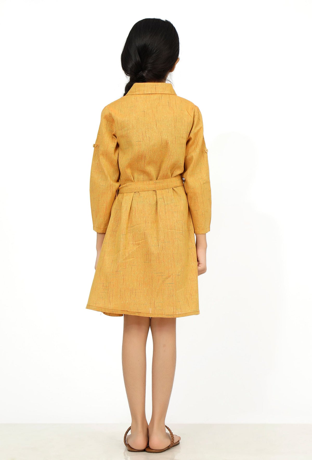 Rustic Melange Cotton Tunic Dress With Waist Belt サイズ 5〜6歳