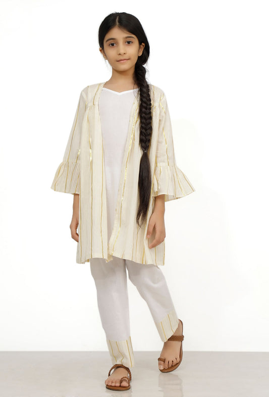 Set of 3: Sand White Cotton Slip Kurta with Stripe Pants and Cape サイズ 8〜9歳