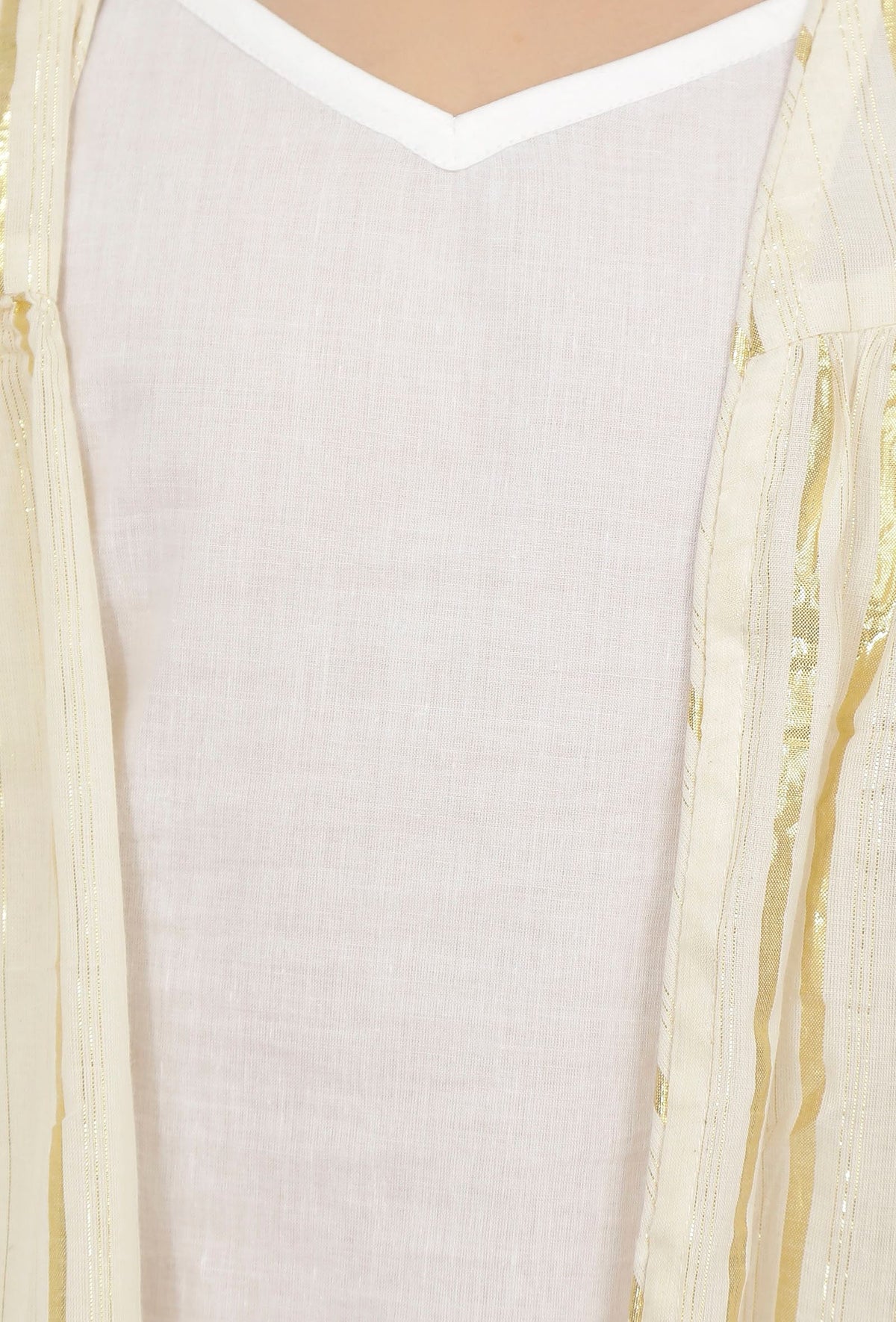 Set of 3: Sand White Cotton Slip Kurta with Stripe Pants and Cape サイズ 8〜9歳