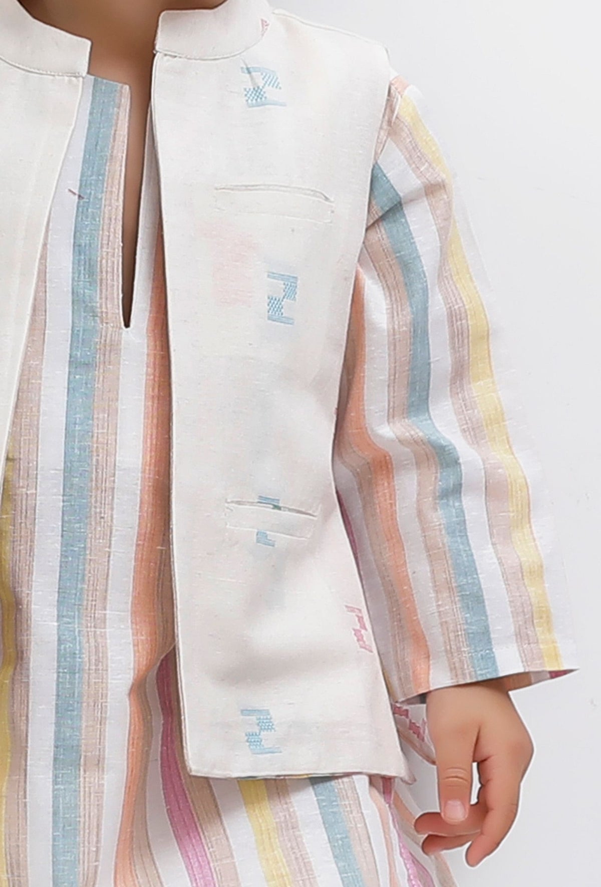 Set of 3: White Striped Kurta and White Pant with White Dobby Nehru Jacket サイズ 0〜1歳
