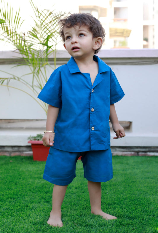 Set of 2: Oswald Blue Cotton Shirt and Blue Shorts サイズ 8〜9歳