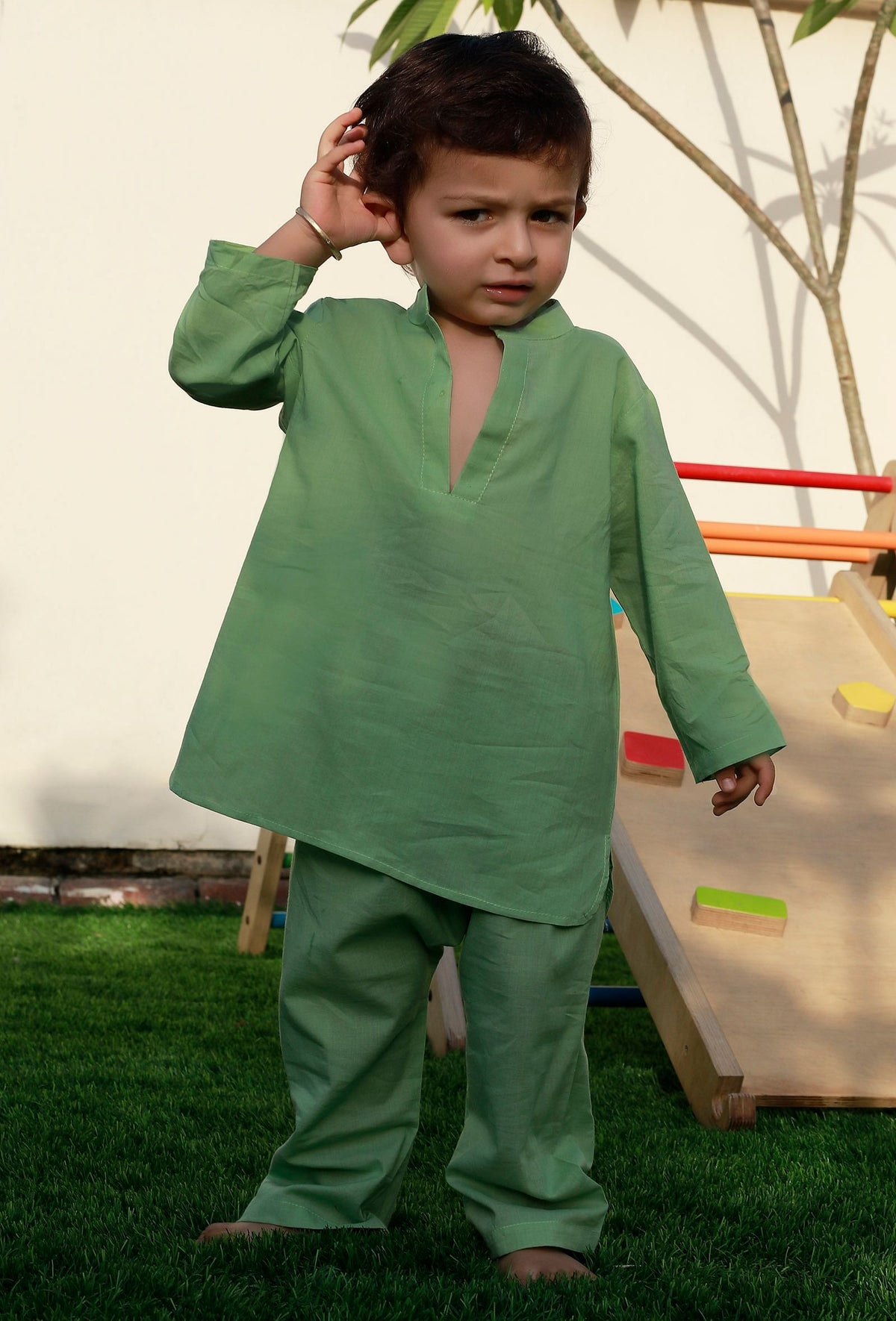 Set of 2: Leafy Green Cotton Kurta and Green Pyjama サイズ 9〜12か月