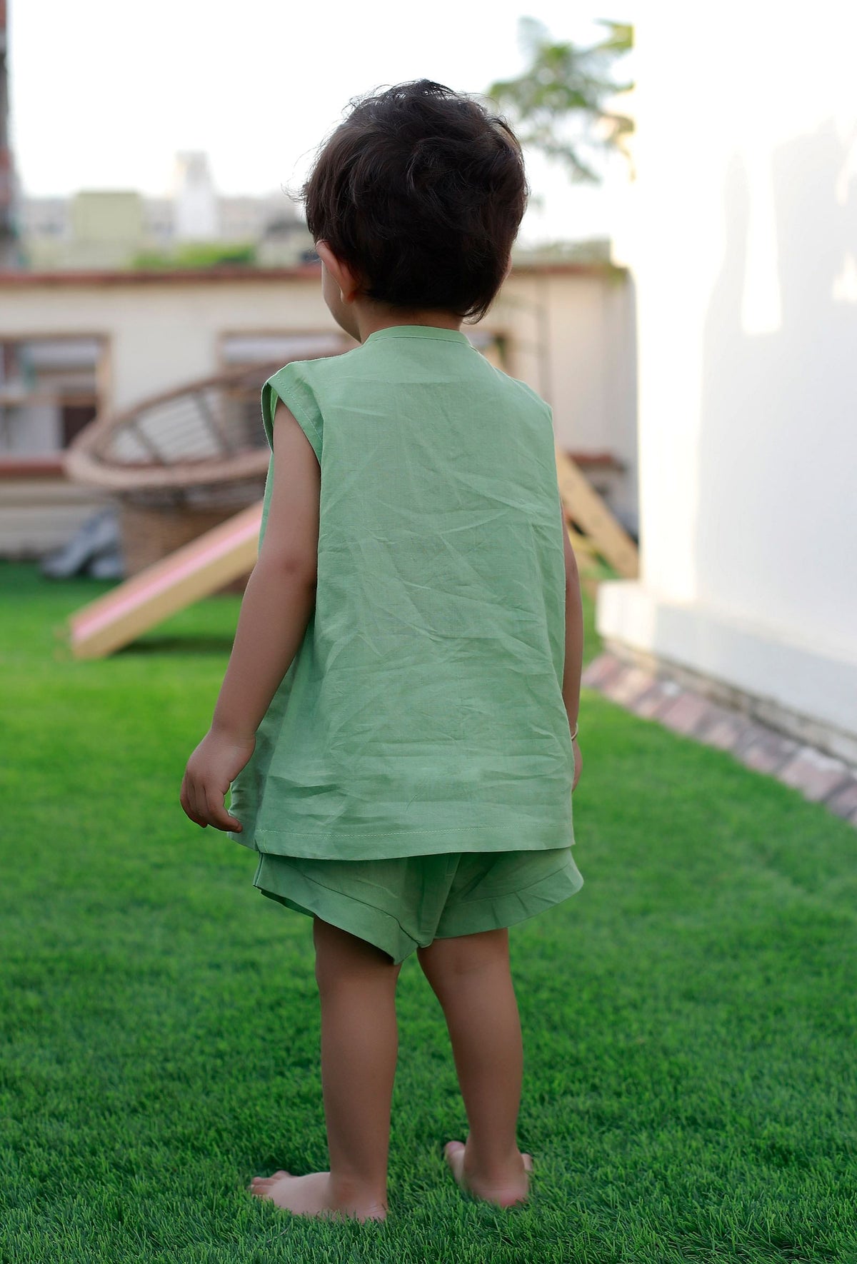 Set of 2: Green Cotton Shirt and Green Short サイズ 0〜3か月