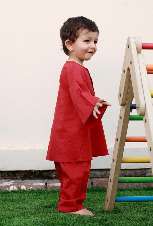 Set of 2: Dennis Red Kurta and Red Pyjama サイズ 9〜12か月