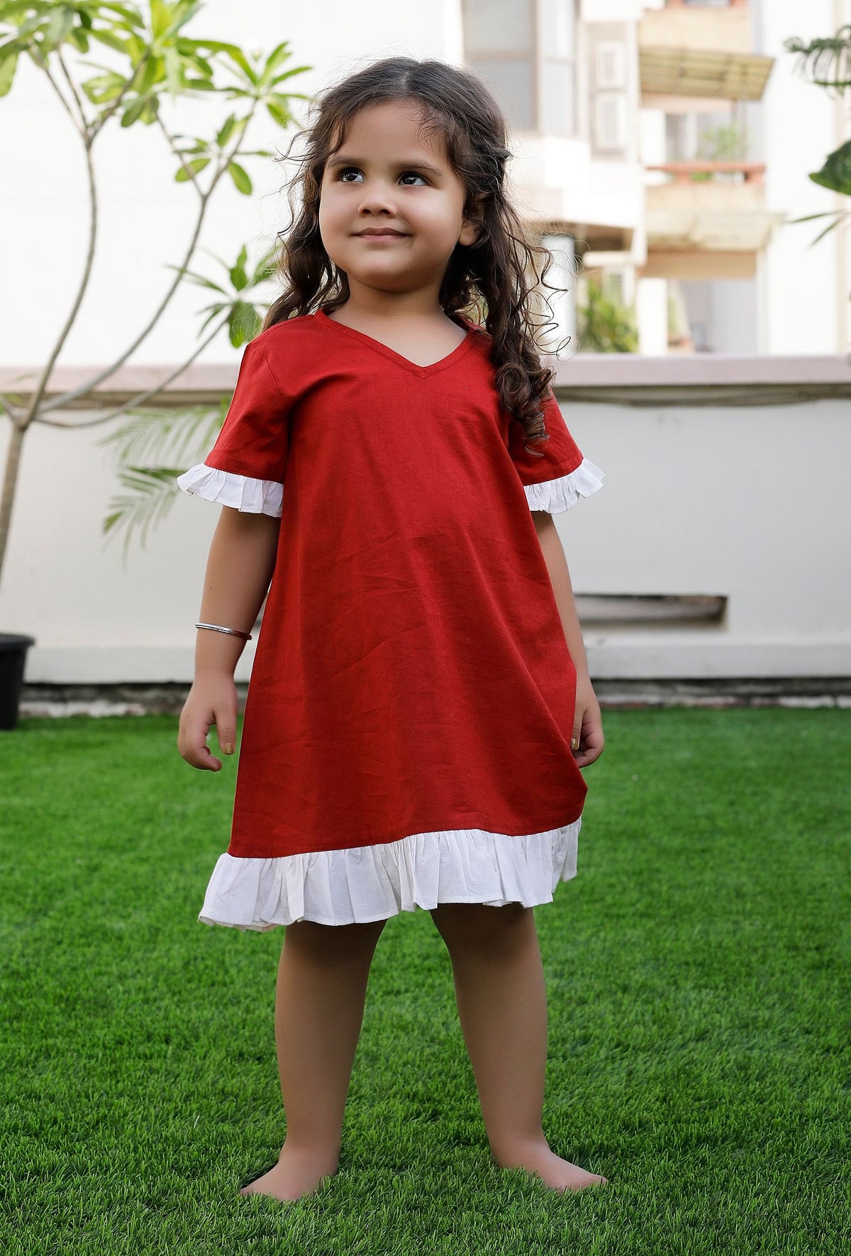 Snow Red and Off-White Cotton Dress サイズ 1〜2歳