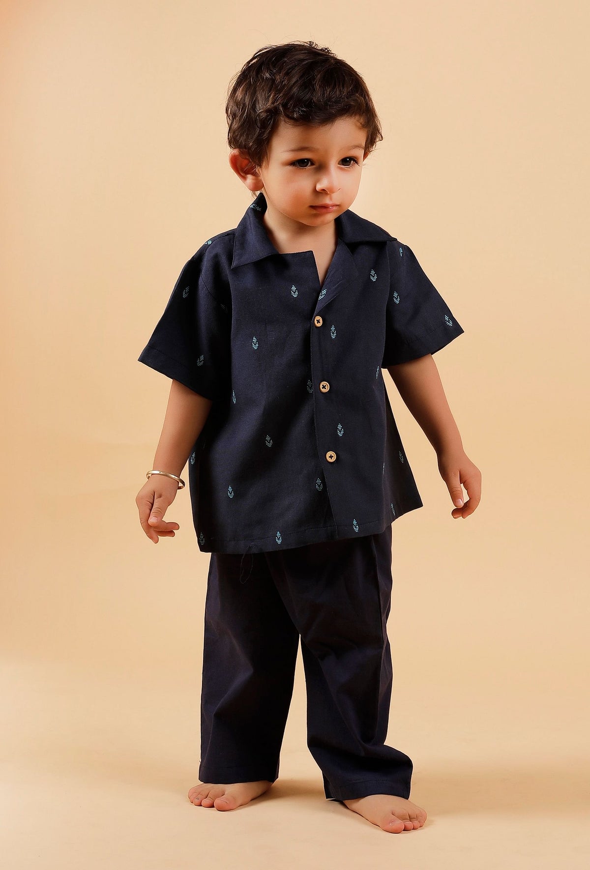 Set of 2: Oxford Blue Cotton Shirt with Oxford Blue Woven Buti Pant サイズ 0〜3か月