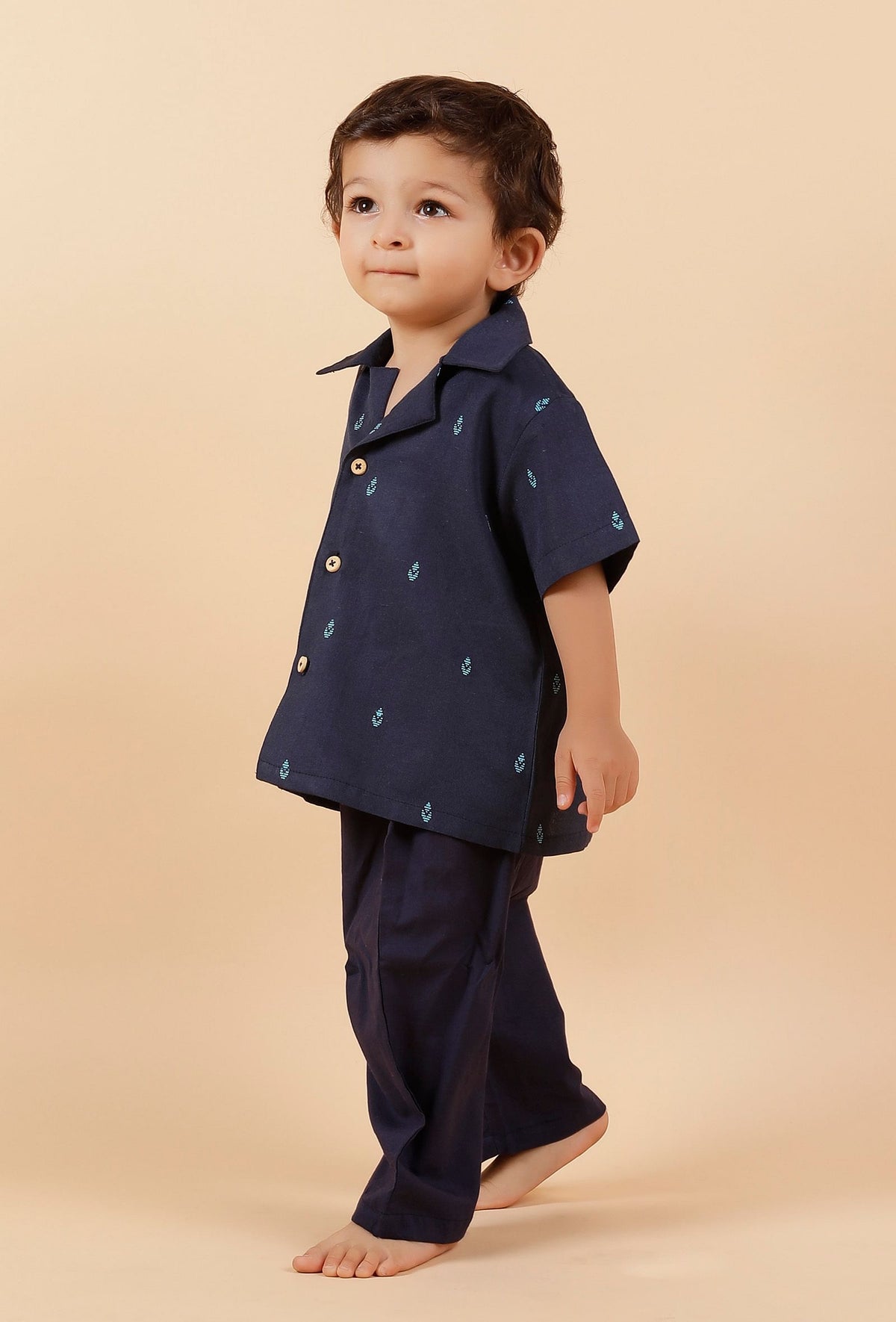 Set of 2: Oxford Blue Cotton Shirt with Oxford Blue Woven Buti Pant サイズ 0〜3か月