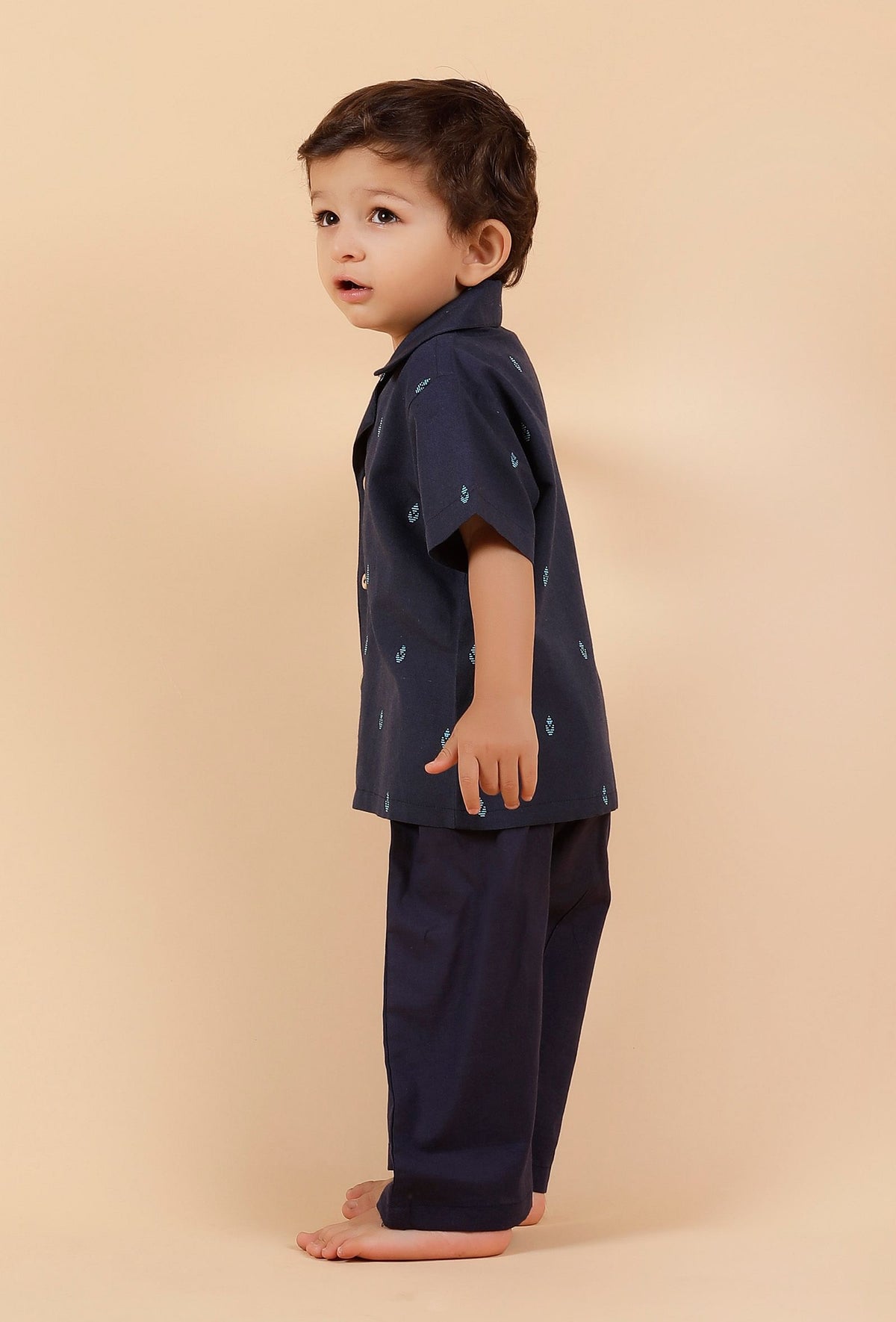 Set of 2: Oxford Blue Cotton Shirt with Oxford Blue Woven Buti Pant サイズ 0〜3か月