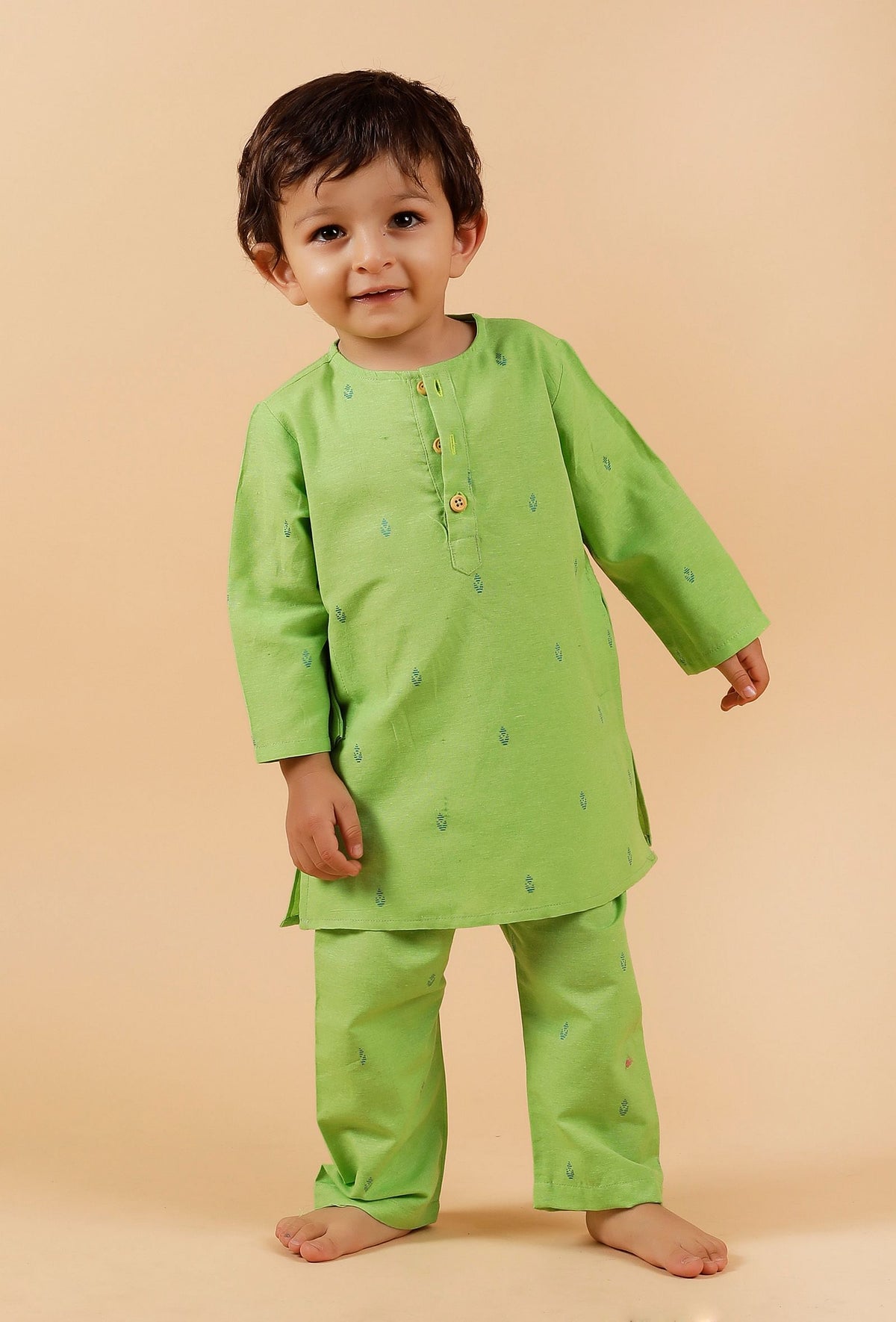 Set of 2: Mint Green Kurta with Mint Green Buti Woven Pant サイズ 0〜3か月