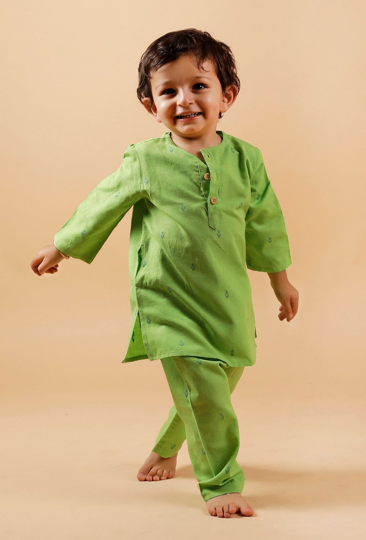 Set of 2: Mint Green Kurta with Mint Green Buti Woven Pant サイズ 0〜3か月