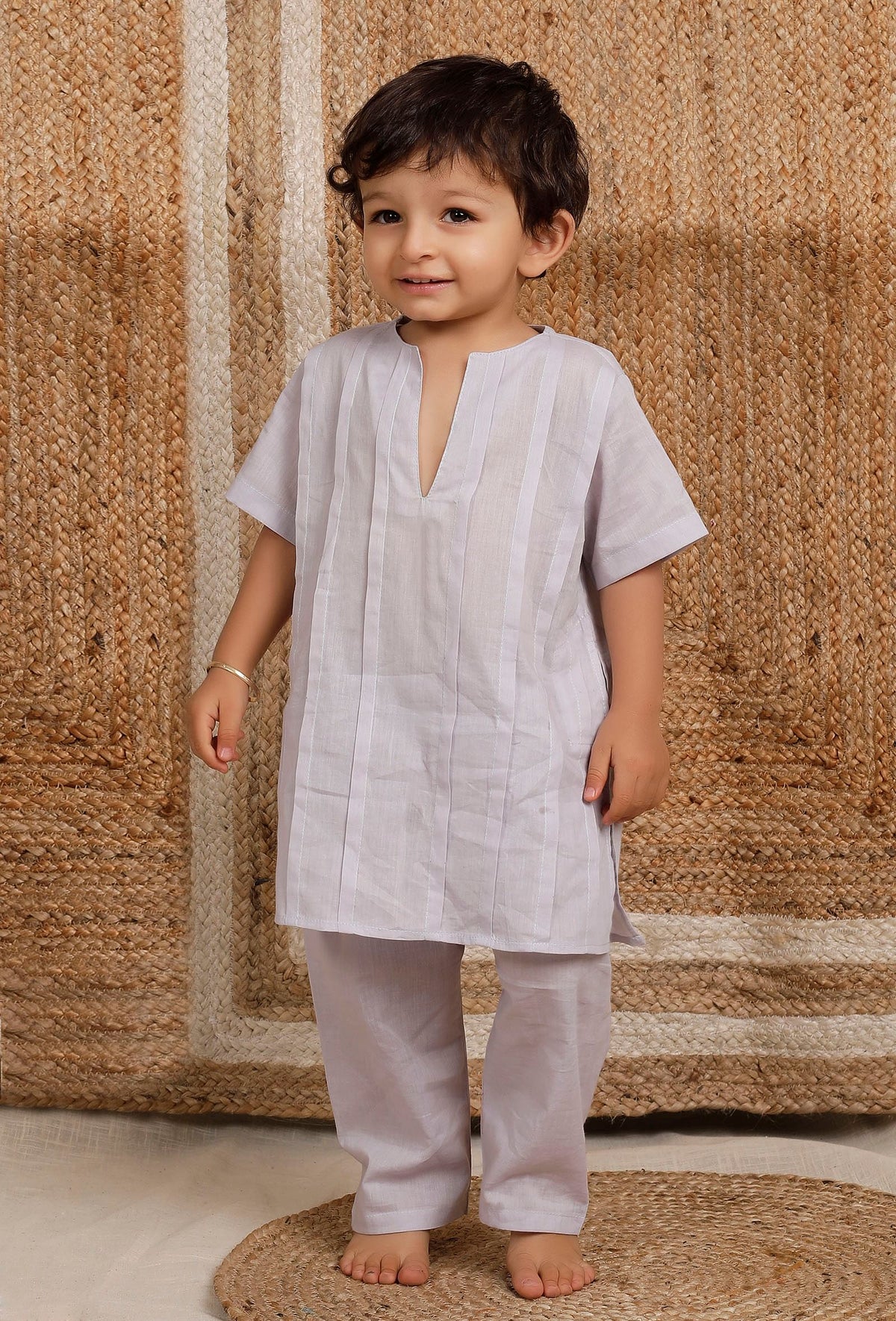 Set of 2: Light Grey Mul Mul Kurta With Light Grey Pant サイズ 6〜9か月