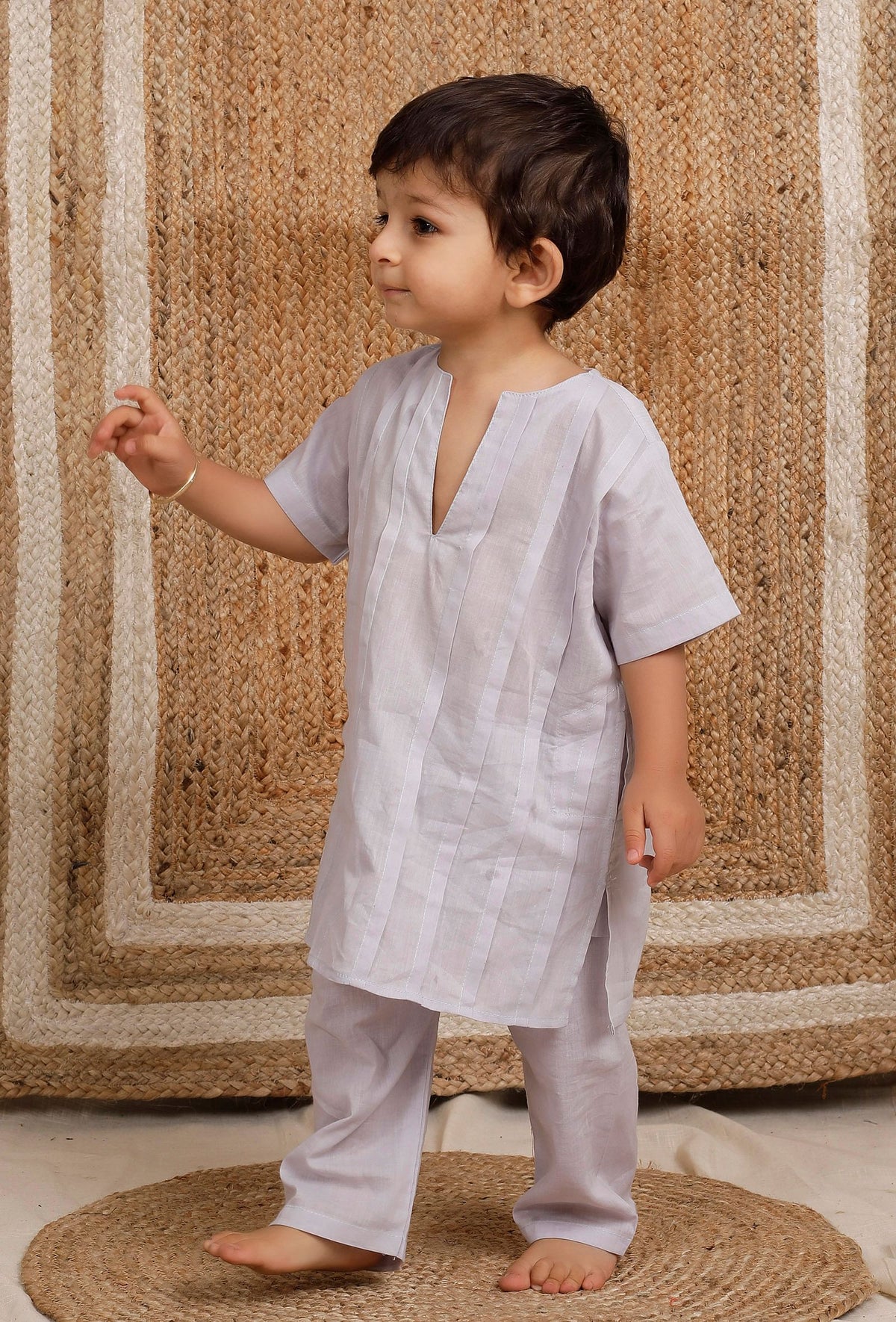 Set of 2: Light Grey Mul Mul Kurta With Light Grey Pant サイズ 6〜9か月