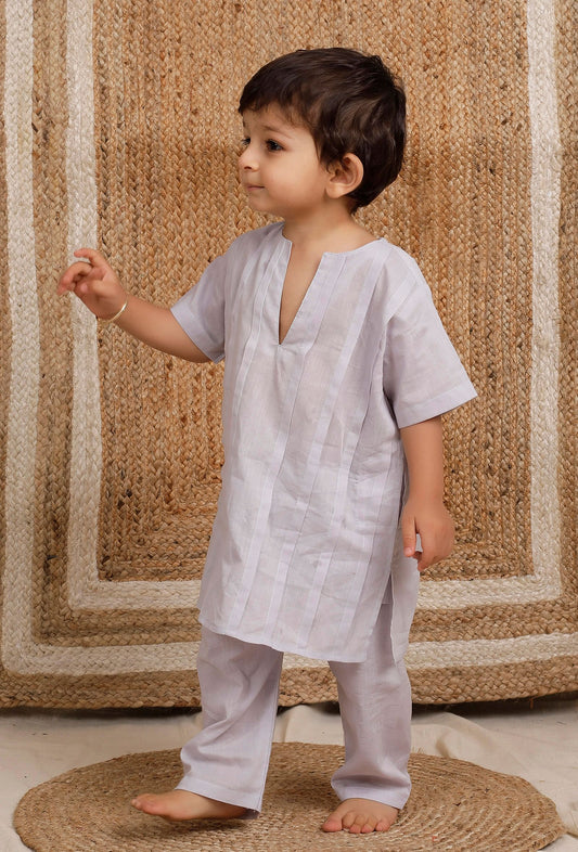 Set of 2: Light Grey Mul Mul Kurta With Light Grey Pant サイズ 6〜9か月