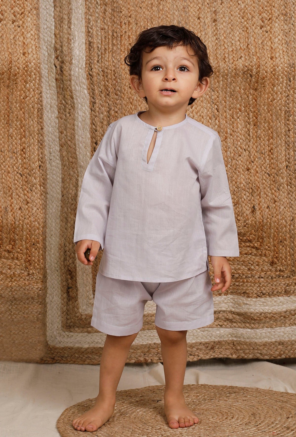 Set of 2: Light Grey Mul Mul Short Kurta with Light Grey Short サイズ 3〜6か月