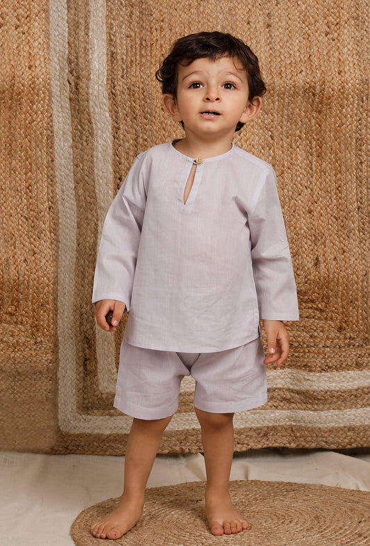 Set of 2: Light Grey Mul Mul Short Kurta with Light Grey Short サイズ 3〜6か月