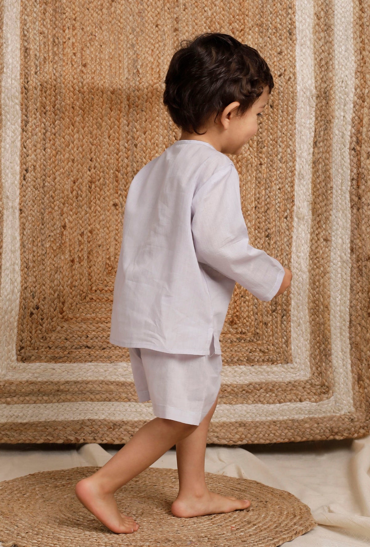 Set of 2: Light Grey Mul Mul Short Kurta with Light Grey Short サイズ 3〜6か月
