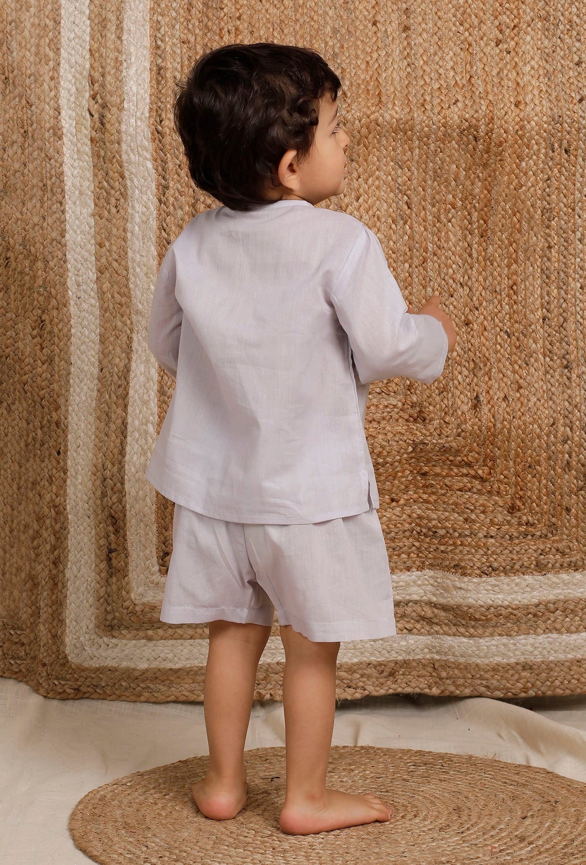 Set of 2: Light Grey Mul Mul Short Kurta with Light Grey Short サイズ 3〜6か月