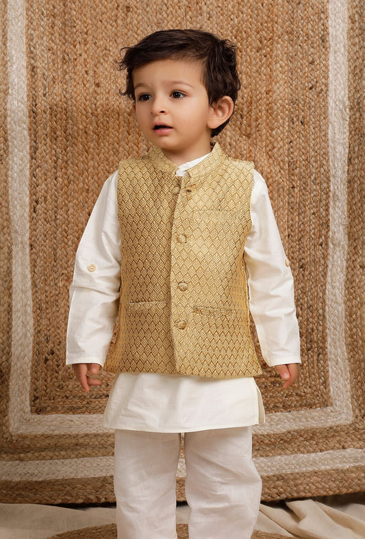 Beige Mustard Brocade Nehru Jacket サイズ 8〜9歳