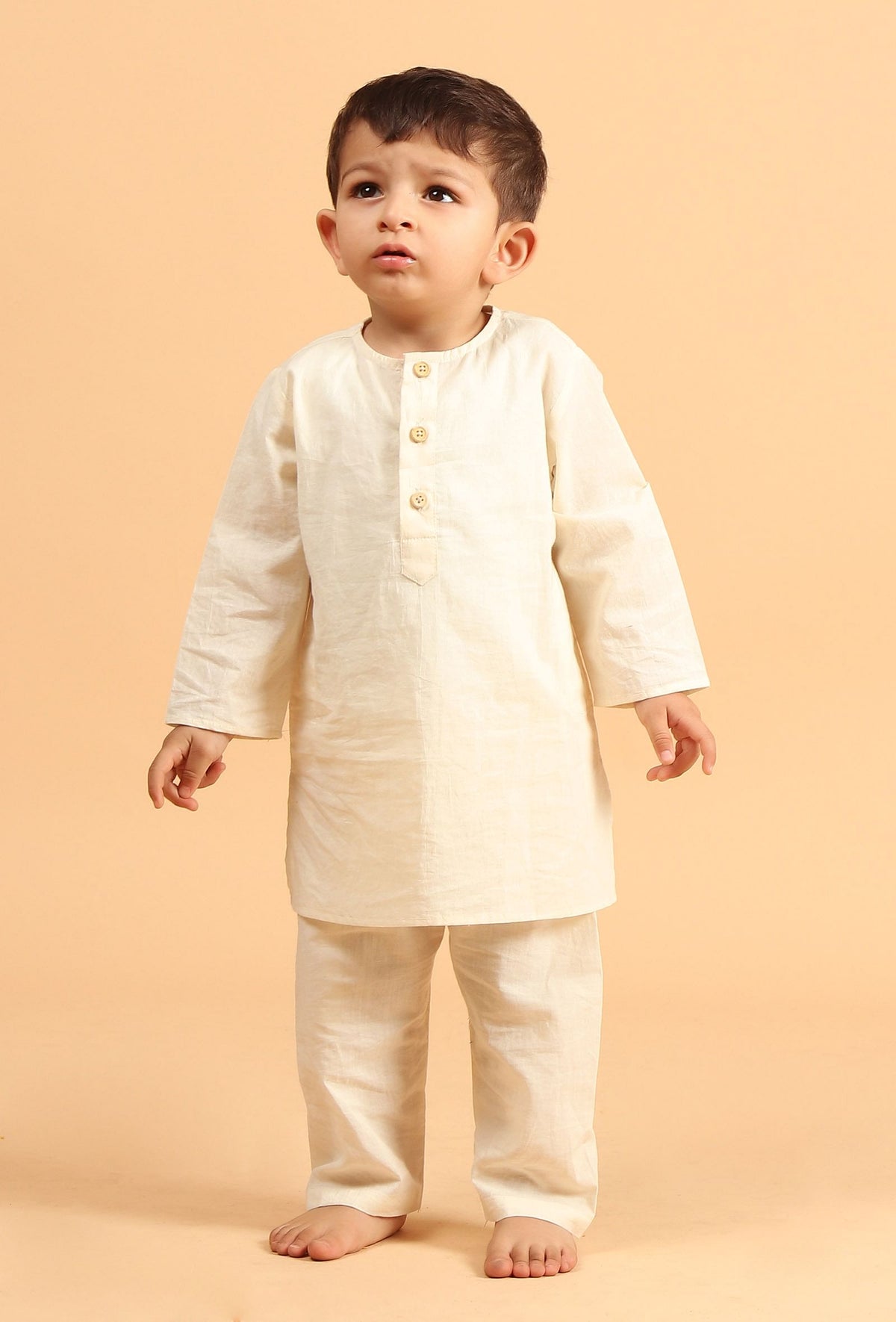 Set of 2: Raif Off White Cotton Kurta & Pyjama サイズ 4〜5歳