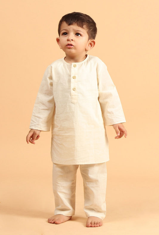 Set of 2: Raif Off White Cotton Kurta & Pyjama サイズ 4〜5歳