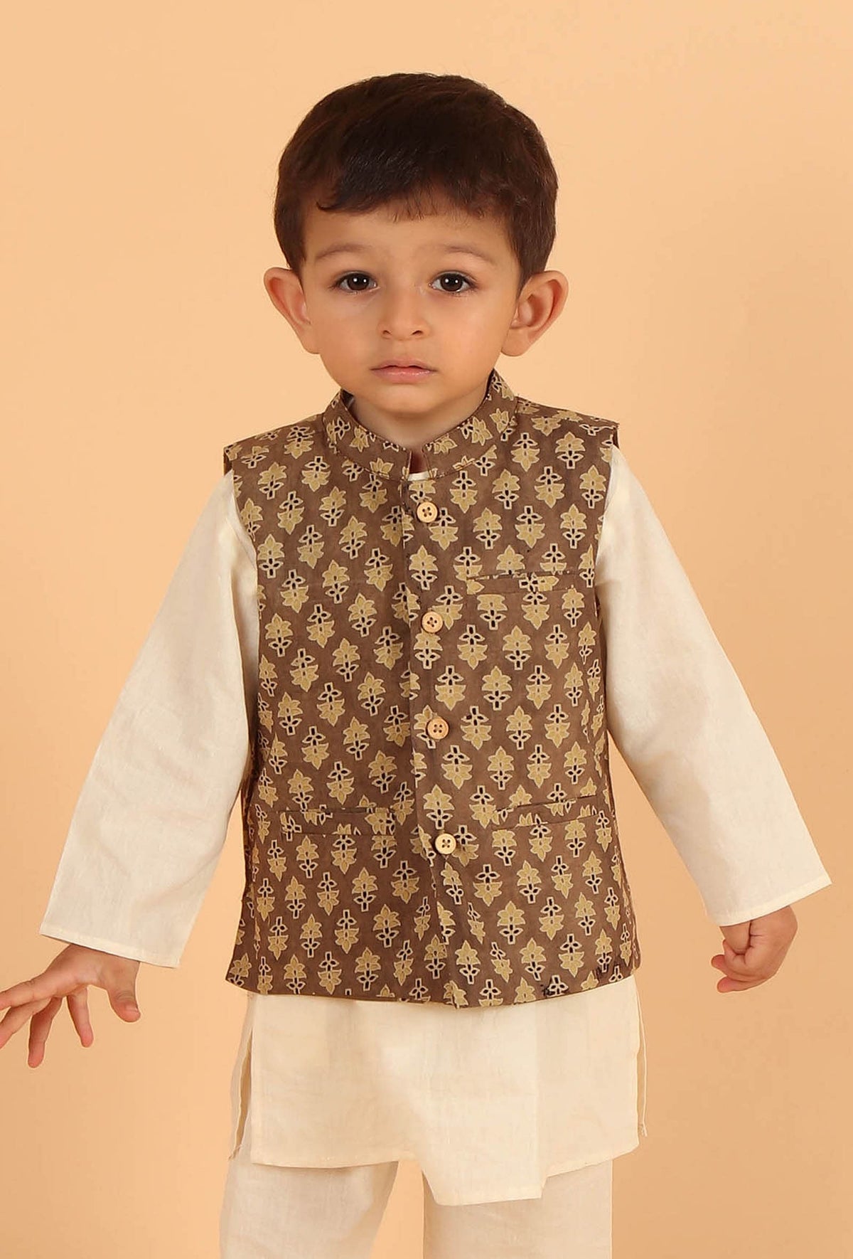 Amay Khaki Ajrakh Print Cotton Nehru Jacket サイズ 2〜3歳