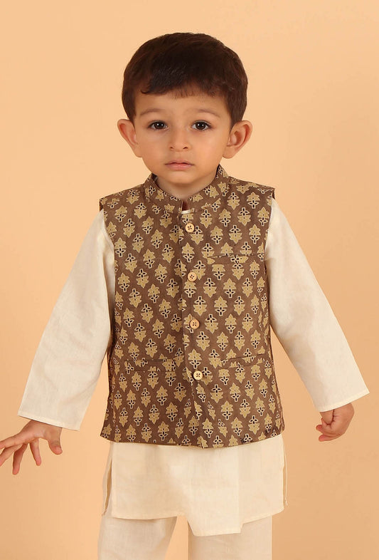 Amay Khaki Ajrakh Print Cotton Nehru Jacket サイズ 2〜3歳