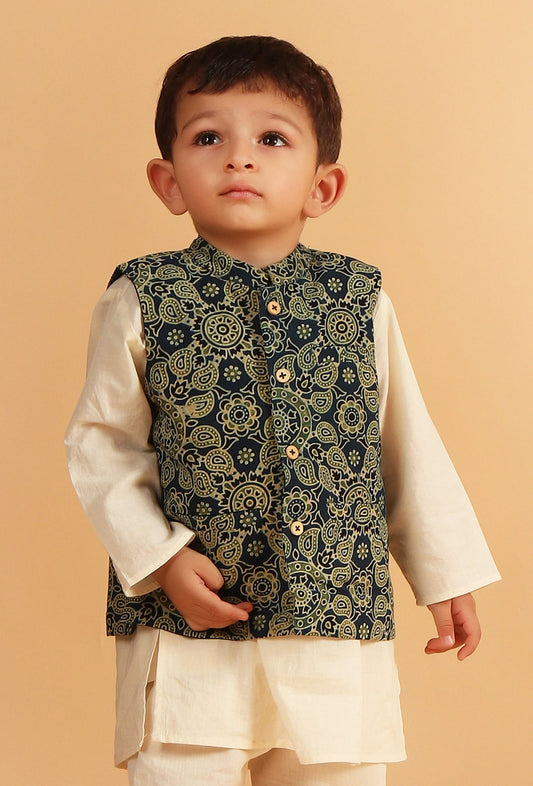 Arth Indigo Ajrakh Print Cotton Nehru Jacket サイズ 1〜2歳