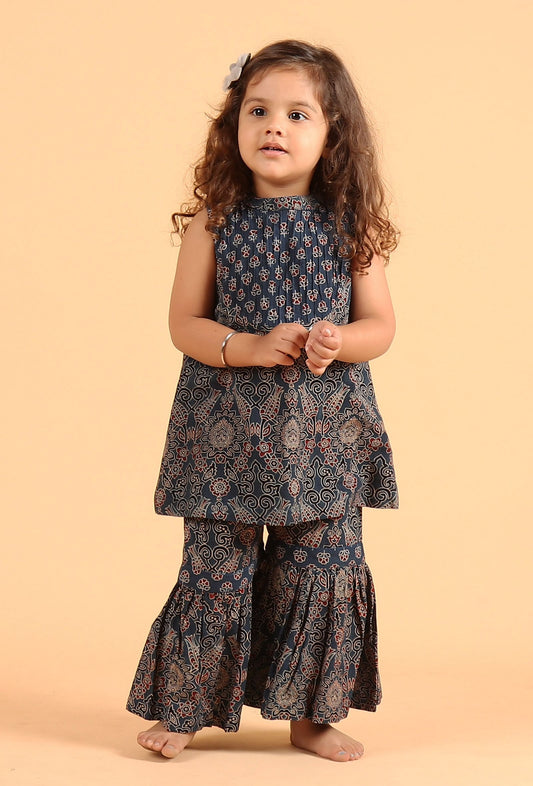 Set of 2: Kira Indigo Multi Ajrakh Print Cotton Kurta & Sharara サイズ 0〜3か月