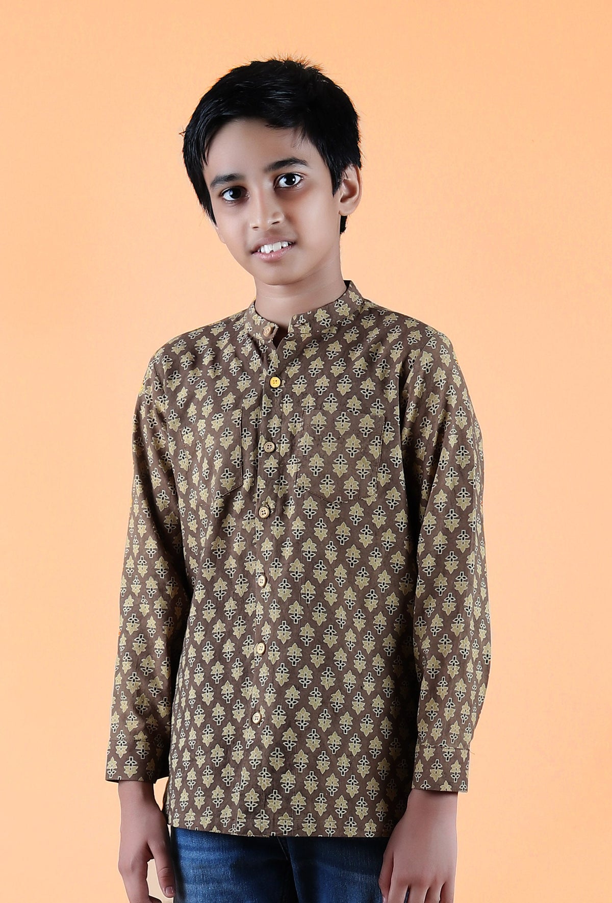 Abe Khaki Ajrakh Print Cotton Super Short Kurta サイズ 7〜8歳
