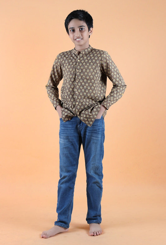 Abe Khaki Ajrakh Print Cotton Super Short Kurta サイズ 7〜8歳