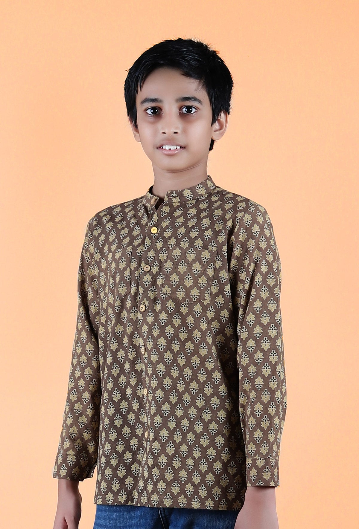 Abe Khaki Ajrakh Print Cotton Super Short Kurta サイズ 7〜8歳
