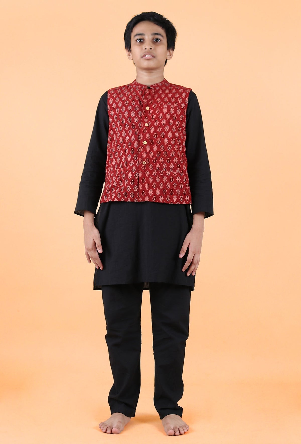 Orian Madder Red Ajrakh Print Cotton Nehru Jacket サイズ 5〜6歳