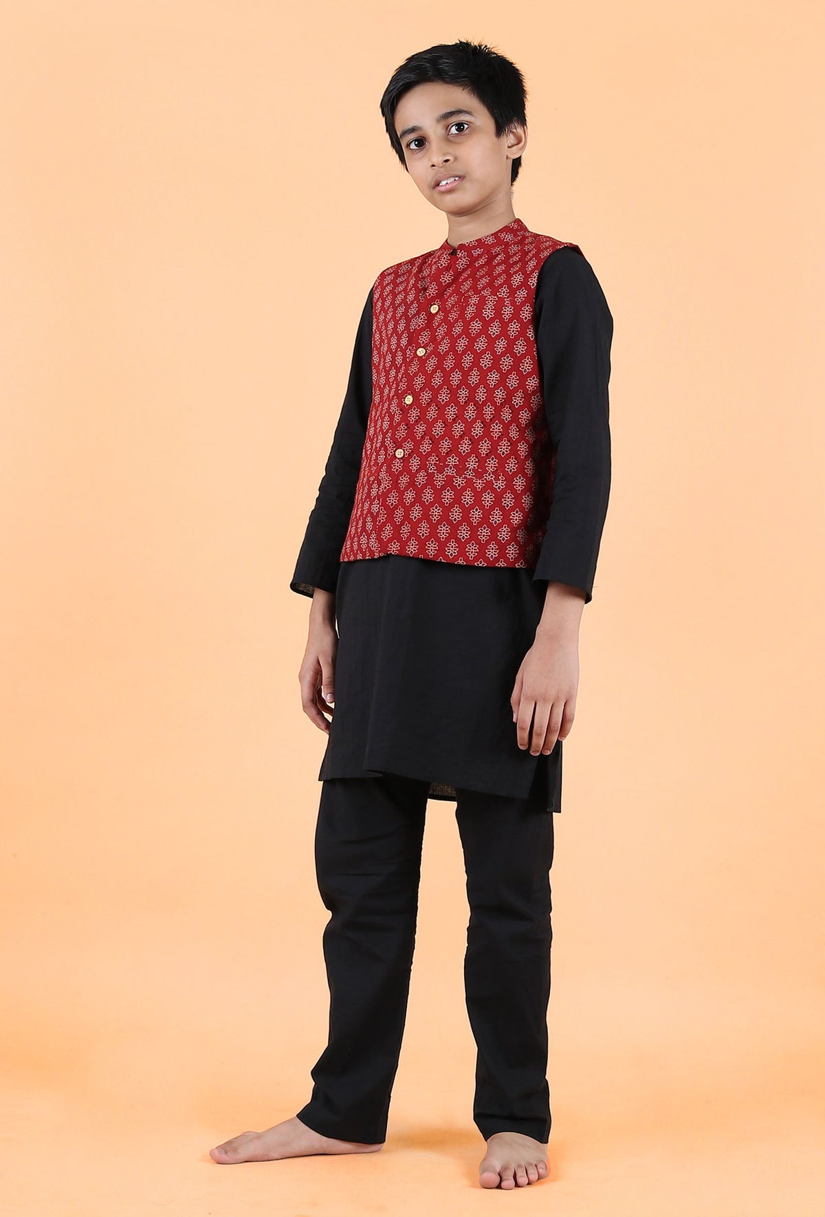 Orian Madder Red Ajrakh Print Cotton Nehru Jacket サイズ 5〜6歳