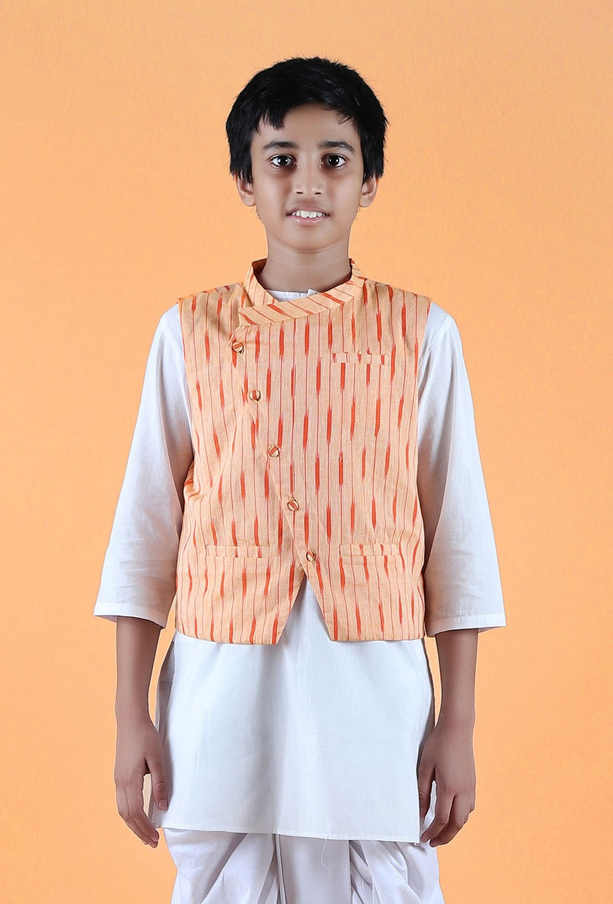 Orange Ikat Cotton Nehru Jacket サイズ 9〜10歳