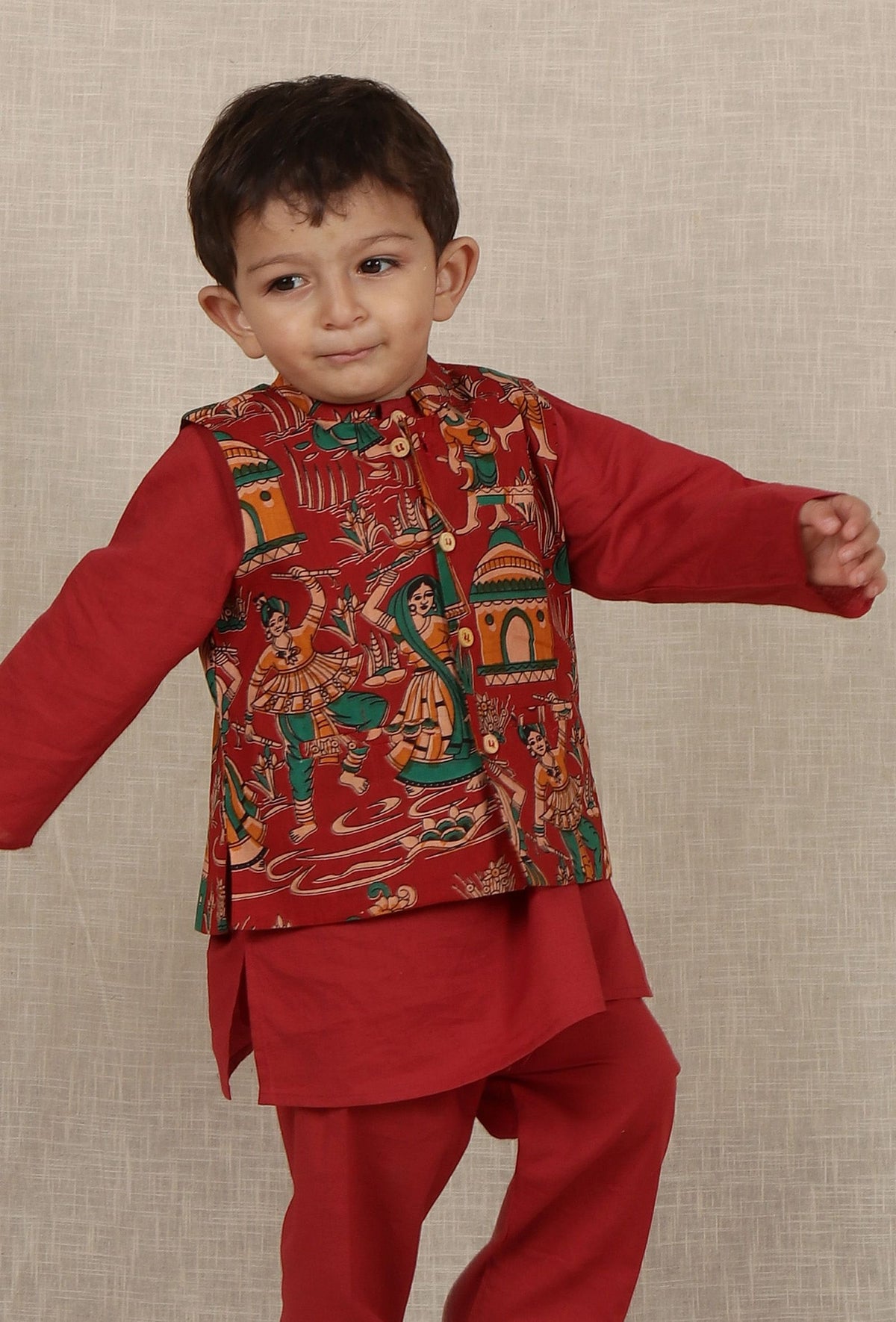 Kairav Maroon Kalamkari Printed Cotton Nehru Jacket サイズ 0〜3か月