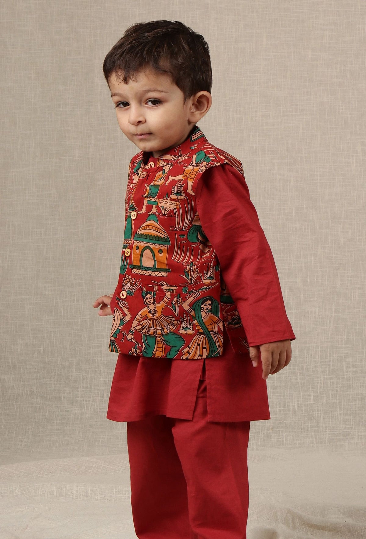 Kairav Maroon Kalamkari Printed Cotton Nehru Jacket サイズ 0〜3か月