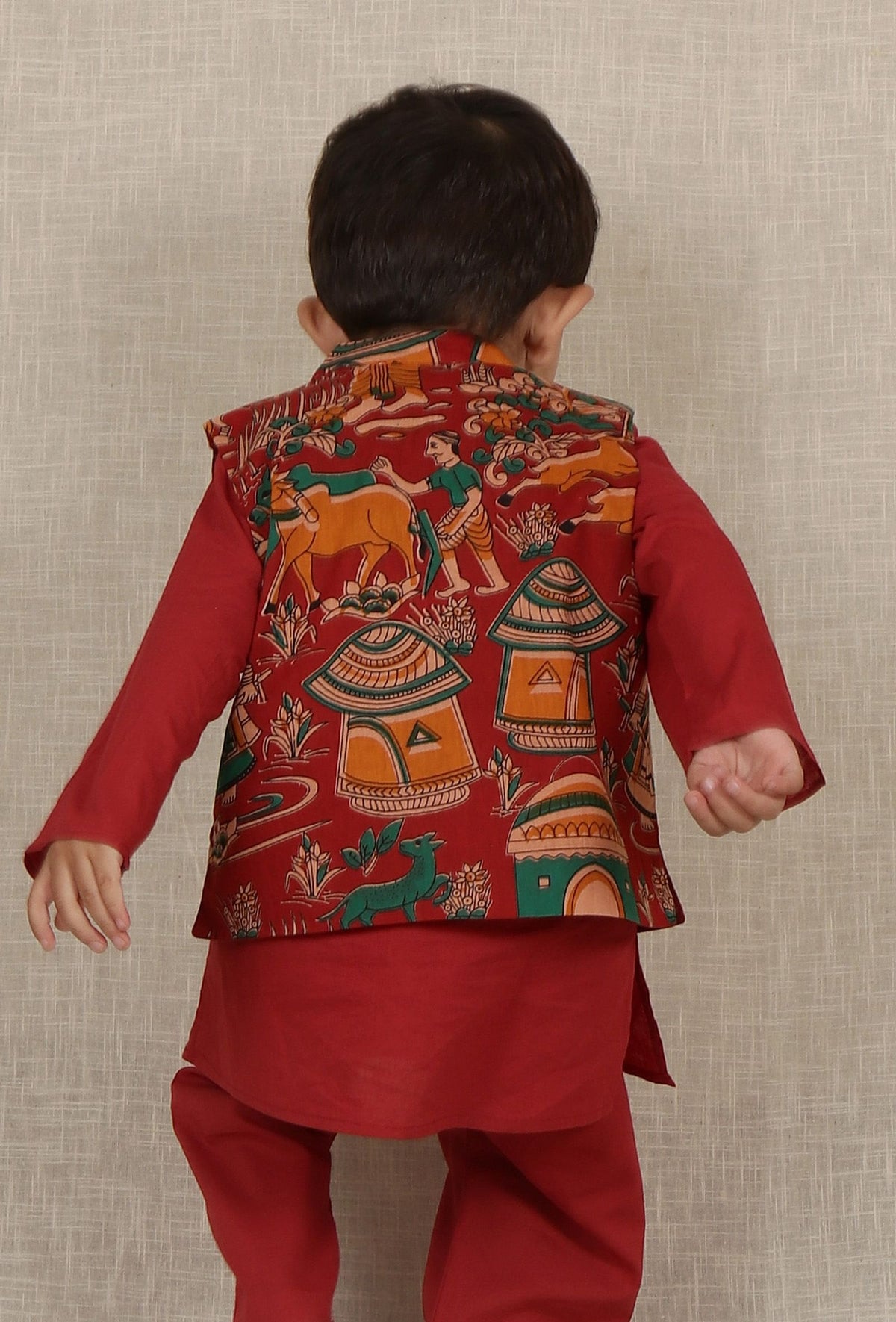 Kairav Maroon Kalamkari Printed Cotton Nehru Jacket サイズ 0〜3か月