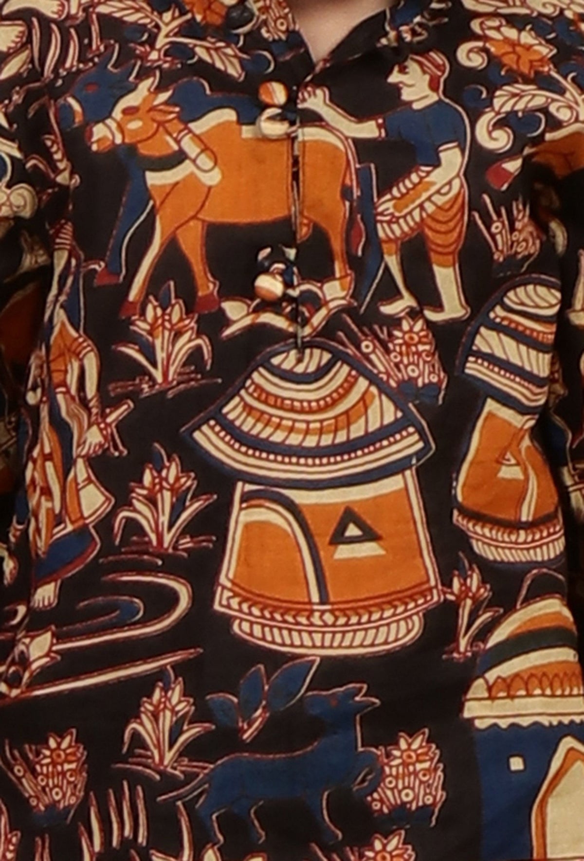 Set of 2: Milan Black Kalamkari Printed Cotton Kurta & Blue Pyjama サイズ 2〜3歳