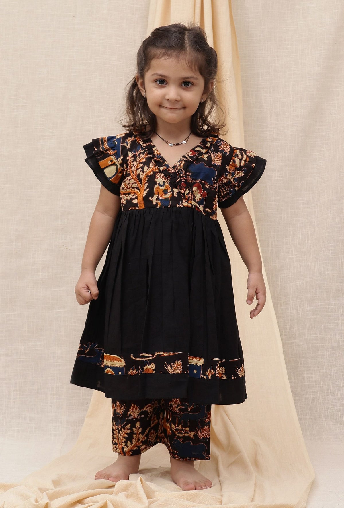 Set of 2: Ebbani Black Kalamkari Printed Cotton Kurta & Palazzo サイズ 0〜3か月