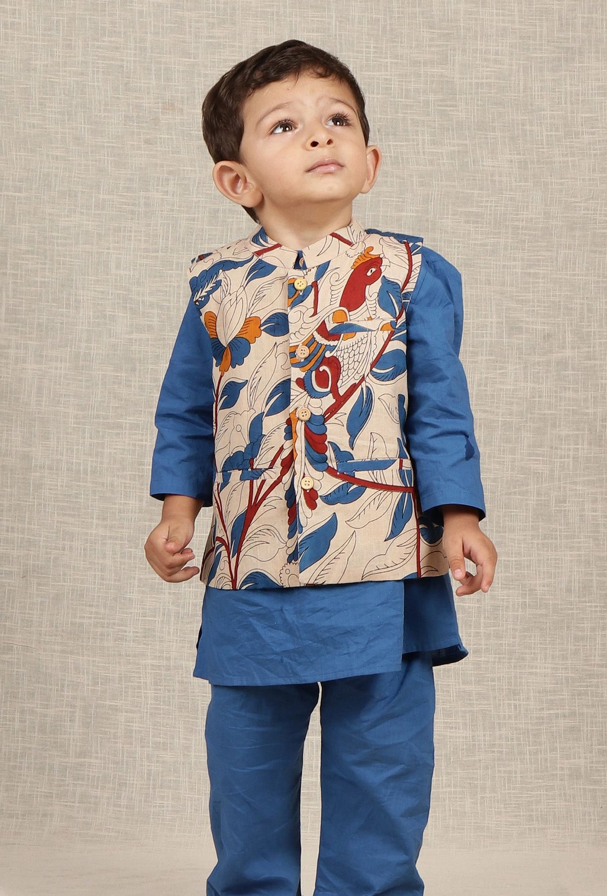 Daven Beige Cream Kalamkari Printed Cotton Nehru Jacket サイズ 6〜9か月