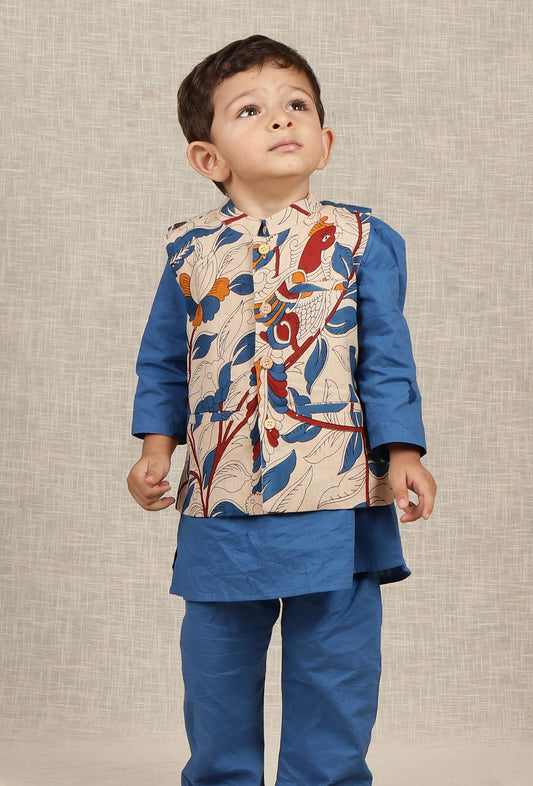Daven Beige Cream Kalamkari Printed Cotton Nehru Jacket サイズ 6〜9か月