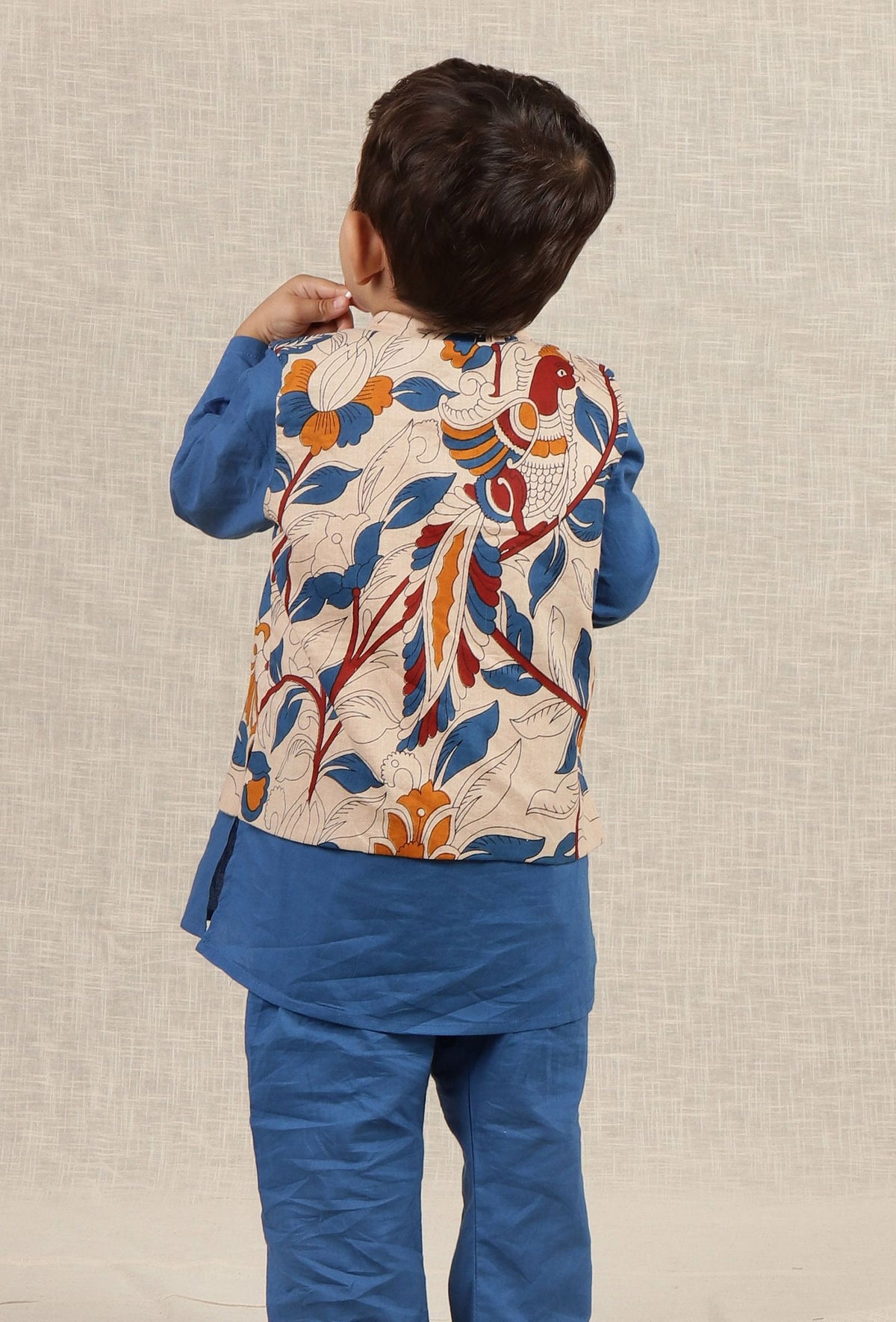 Daven Beige Cream Kalamkari Printed Cotton Nehru Jacket サイズ 0〜3か月